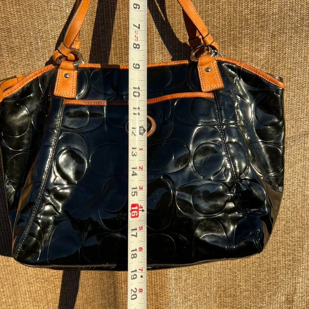 Coach black and tan leather Peyton Embossed Patent Leather Shoulder Tote Bag